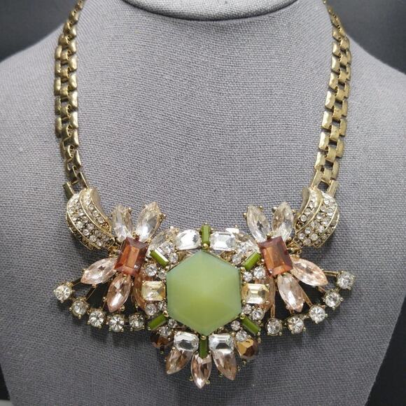 Spring Green Pink Peach Rhinestone Statement Necklace, Gold Tone Chain, 20 Inch - Picture 1 of 7
